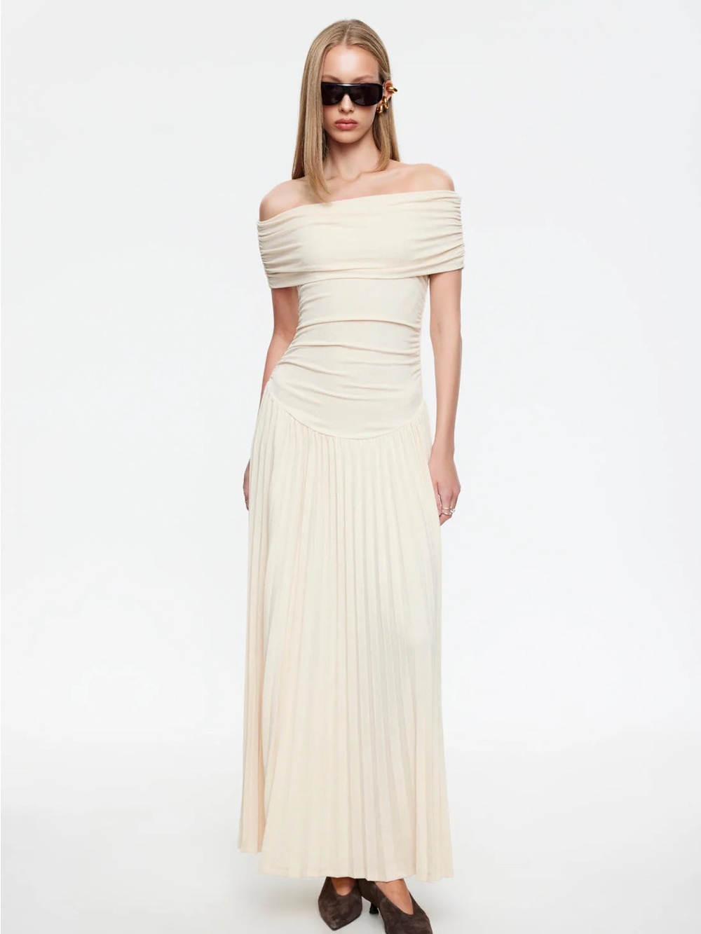 Lioness Cream One-Shoulder Pleated Maxi Dress